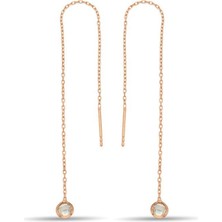 Aykat Gümüş Küpe Zincirli Tek Taşlı Rose Gümüş Zincirli Kadın Küpesi KUPE-298