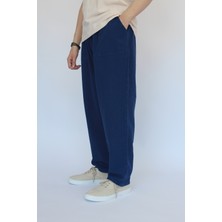 Nobility Jean Unisex Yazlık Beli Lastikli Rahat Lacivert Keten  Pamuklu Serin Tutan İpli Bol Keten Pantolon