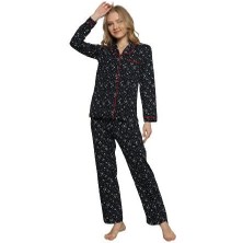 Alimer Kadın Lacivert Kırmızı Biyeli Yıldız Gömlek Yaka Önden Düğme Uzun Kol Mevsimlik Pamuk Pijama Takımı