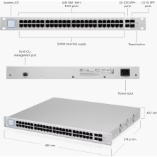 Ubiquiti  Ubnt US-48-500W , 48 PORT , 2*10G SFP , 2*1G SFP PORT , 500W PoE , L3 , YÖBETİLEBİLİR SWİTCH