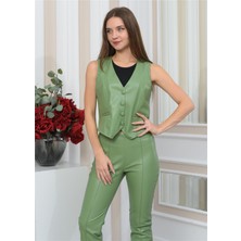 Nuseel Kadın Yeni Sezon Içi Süet Deri Pantolon&yelek Suyeşili