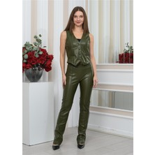 Nuseel Kadın Yeni Sezon Içi Süet Deri Pantolon&yelek Haki