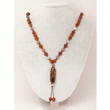 Yaşam Tohumu Tibet & Botswana Akik Taşlı Dokuz Göz Sembollü Rudraksha Unisex Kolye 8mm
