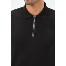 Msw Siyah  Fermuarlı Uzun Kollu Regular Fit Erkek Polo Yaka T-Shirt