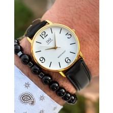 Retro Siyah Renk , 24 Ay Garantili, Su Geçirmez, Deri Kordon Erkek Kol Saati+Bileklik