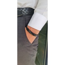 SE Jewellery Siyah Çelik Kordon Üzerine Doğal Taş Detaylı Ayarlanabilir Klas Erkek Kelepçe Bileklik