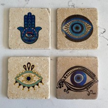 Taş Bardak Altlığı Stone Coasters - 4 Lü Set Hamsa, Nazar Boncuğu