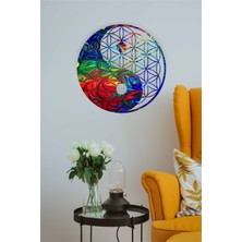 Renkli Yaşam Çiçeği Yin Yang Duvar Dekoru - Süsü, Ahşap Dekoratif Tablo