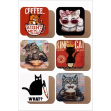 Kedi Temalı 6'lı Ahşap Bardak Altlığı Seti