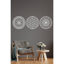 Beyaz 3'lü Yaşam Çiçeği Sri Yantra ve Torus 3'lü Set Duvar Tablosu