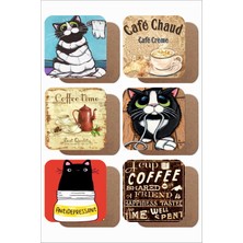 UNT Kedi / Kahve Temalı 6'lı Ahşap Bardak Altlığı Seti