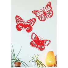 30 cm 3 Lü Kelebek Set Duvar Dekoru-Süsü, Ahşap Dekoratif Tablo - Kırmızı