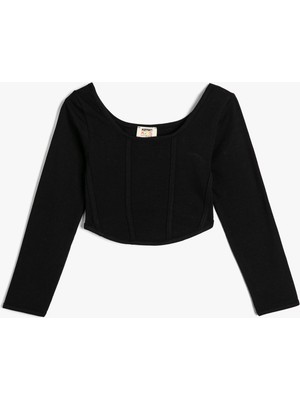 Koton Crop Tişört Uzun Kollu Yuvarlak Yaka Dikiş Detaylı Pamuklu