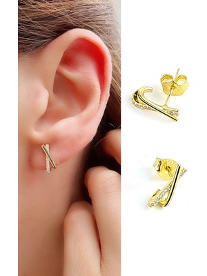 Ose Shop Gümüş Üzerine Altın Kaplama Italyan Tasarım Trend Çapraz Küpe