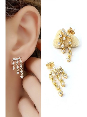 Ose Shop Zirkon Taş Detaylı 925AYAR Gümüş Üzerine Altın Kaplama Luxry Tasarım Trend Sallantılı Küpe