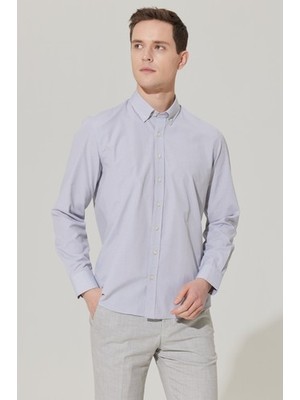 Altınyıldız Classics Erkek Gri Slim Fit Dar Kesim Oxford Düğmeli Yaka Pötikareli Pamuklu Gömlek