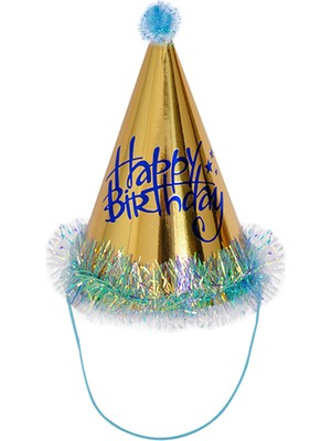 Kidspartim Happy Bırthday Parlak Simli Ponponlu Mavi Şapka 18X13 cm