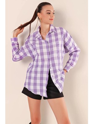 Hazelin Kadın Lila Beyaz Ekose Gömlek HZL22W-BD1201451