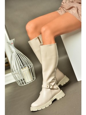 Fox Shoes R518096809 Bej Fermuarlı Alçak Topuklu Kadın Çizme