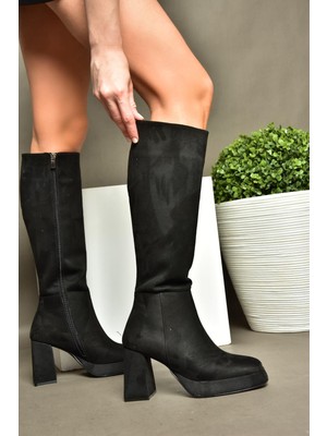 R282230102 Siyah Süet Platform Kalın Topuklu Kadın Çizme