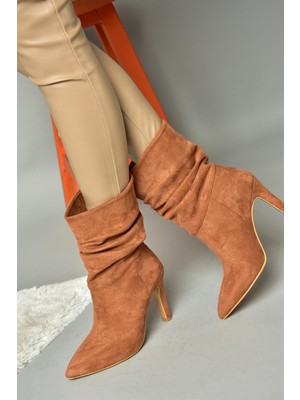 R404020302 Taba Süet Ince Topuklu Büzgülü Kadın Bot