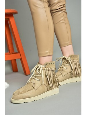R973530502 Bej Süet Püsküllü Kadın Bot