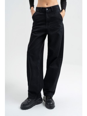 Its Basic Kadın Siyah Black Od Renk Skater Fit Bol Kesim Denim Pantolon