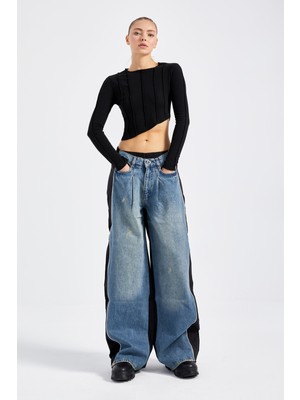 Its Basic Kadın Kot Rengi Çift Renk Özel Tasarım Palazzo Fit Denim