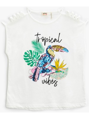 Koton Papağan Pul Payet Işlemeli Tişört Pencere Detaylı Kolsuz