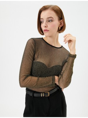 Koton Transparan Tişört Simli Uzun Kollu Bisiklet Yaka