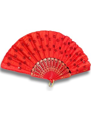 Artı Bir Bodrum Gelin Yelpaze Kırmızı Allı Pullu Tasarım Zarif Aksesuar