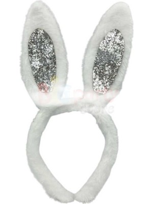 Tavşan Kulak Peluş Gümüş Simli Beyaz Taç