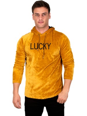 Deepsea Kadife Lucky Yazı Baskılı  Kapüşonlu Sweatshirt 23000414