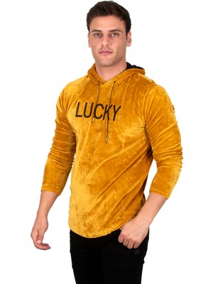 Deepsea Kadife Lucky Yazı Baskılı  Kapüşonlu Sweatshirt 23000414