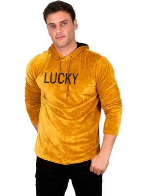 Deepsea Kadife Lucky Yazı Baskılı  Kapüşonlu Sweatshirt 23000414