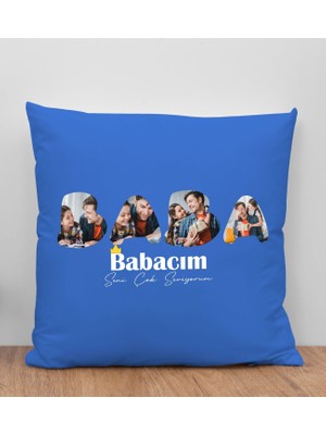 Bk Gift Kişiye Özel Fotoğraflı Babalar Günü Tasarımlı Mavi Kırlent Yastık-1 Babaya Hediye, Ev Dekorasyonu, Babalar Günü Hediyesi