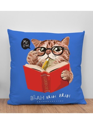 Bk Gift Kedi Tasarımlı Mavi Kırlent Yastık, Arkadaşa Hediye, Ev Dekorasyonu, Ev Hediyesi-5
