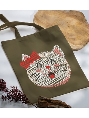 Bk Gift Modern Art Tasarımlı-4 Haki Kumaş Bez Çanta Baskılı Omuz Çantası