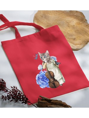 Bk Gift Kedi Tasarımlı-3 Kırmızı Kumaş Bez Çanta Baskılı Omuz Çantası