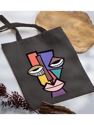 Bk Gift Modern Art Tasarımlı-6 Antrasit Kumaş Bez Çanta