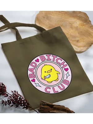 Bk Gift Bad Bitch Club Tasarımlı-1 Haki Kumaş Bez Çanta Baskılı Omuz Çantası