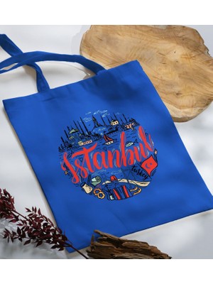 Bk Gift Istanbul Tasarımlı-1 Mavi Kumaş Bez Çanta Baskılı Omuz Çantası
