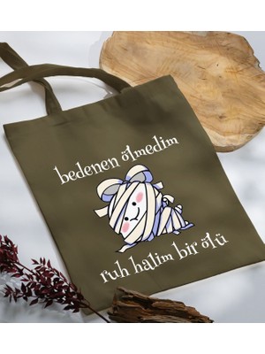 Bk Gift Ruh Halim Bir Ölü Tasarımlı-1 Haki Kumaş Bez Çanta Baskılı Omuz Çantası