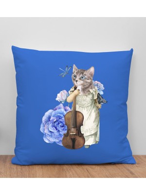 Bk Gift Kedi Tasarımlı Mavi Kırlent Yastık, Arkadaşa Hediye, Ev Dekorasyonu, Ev Hediyesi-3