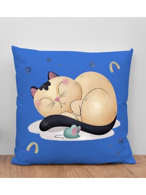 Bk Gift Kedi Tasarımlı Mavi Kırlent Yastık, Arkadaşa Hediye, Ev Dekorasyonu, Ev Hediyesi-7