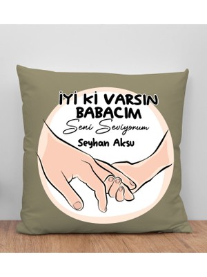 Bk Gift Kişiye Özel Isimli Babalar Günü Tasarımlı Haki Kırlent Yastık-10 Babaya Hediye, Ev Dekorasyonu, Babalar Günü Hediyesi