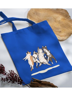 Bk Gift Kediler Tasarımlı-2 Mavi Kumaş Bez Çanta Baskılı Omuz Çantası