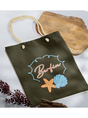 Bk Gift Yaz Temalı Isimli Haki Halat Saplı Kumaş Plaj Çantası -3 Baskılı Omuz Çantası