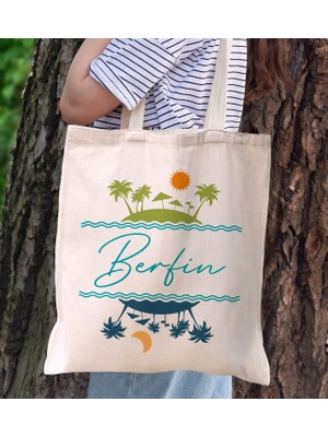 Bk Gift Yaz Temalı Isimli Kanvas Bez Plaj Çantası -1  Baskılı Omuz Çantası