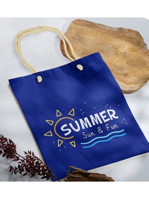 Bk Gift Yaz Temalı Saks Mavi Halat Saplı Kumaş Plaj Çantası -9 Baskılı Omuz Çantası